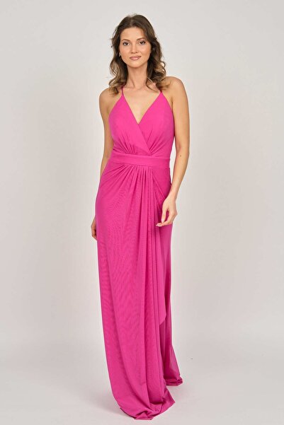 DORİDORCA فستان سهرة نسائي من التول بحمالات حبلية 5922049 فوشيا