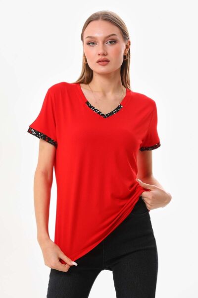 Sistas Women's V-Neck Short Sleeve Blouse 23152 Red