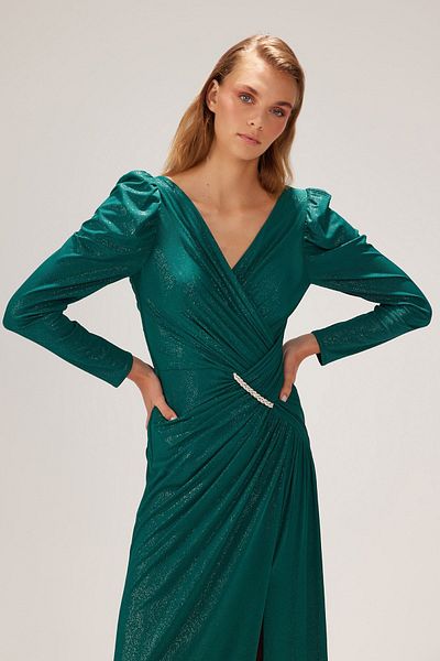 ŞEREF VURAL Women's Deep Slit V-Neck Evening Dress 8145 Green