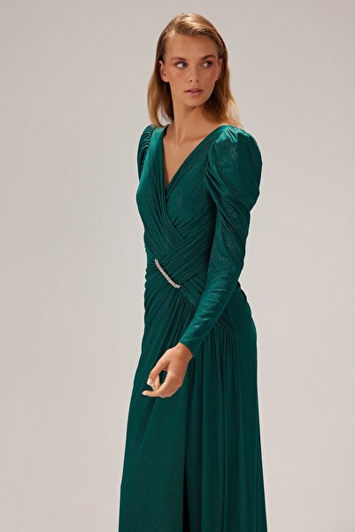 ŞEREF VURAL Women's Deep Slit V-Neck Evening Dress 8145 Green