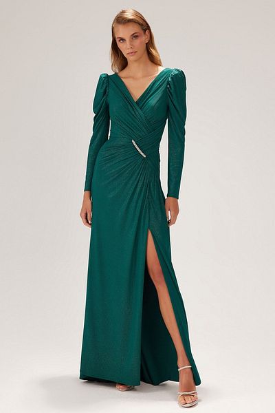 ŞEREF VURAL Women's Deep Slit V-Neck Evening Dress 8145 Green
