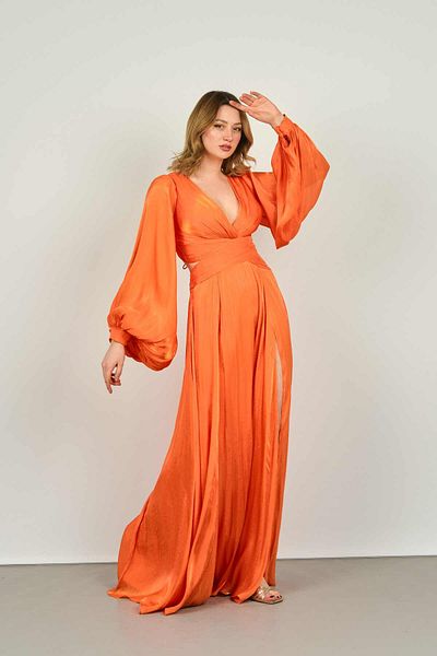 ŞEREF VURAL Women's V-Neck Back Tie Detailed Balloon Sleeve Evening Dress 8217 Orange