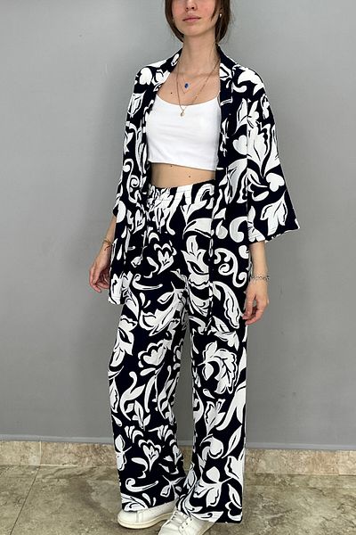 Tam Moda Women's Palazzo Pants - Kimono Set Dark Navy-White Print