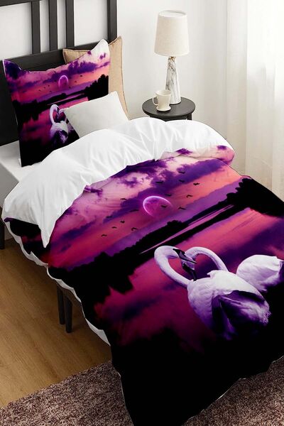 Else Dekor Фіолетово-білі лебеді - Дитячий комплект постільної білизни з бавовняного сатину з принтом