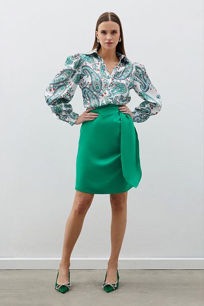 Sateen Belted Mini Skirt - Green