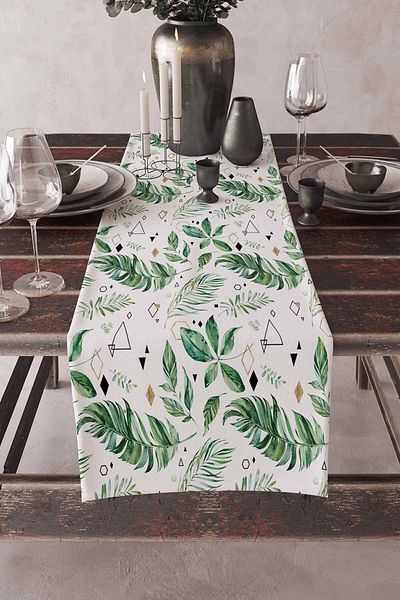 Else Dekor Aler de masă decorativ, lavabil, rezistent la pete, cu frunze tropicale, verde, alb, imprimat