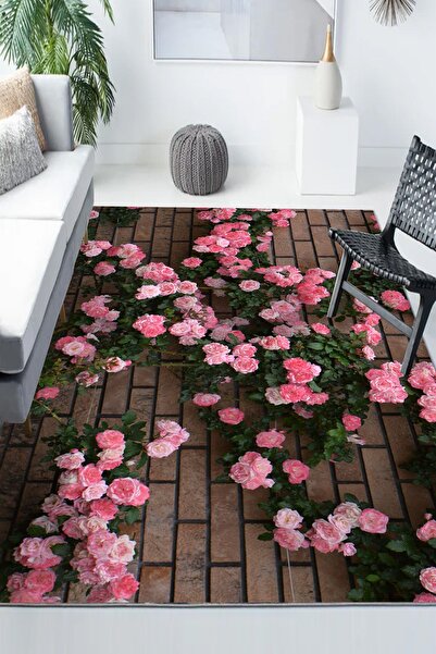 Else Halı Pembe Sarmaşık Güller Desenli Modern Kaymaz Yıkanabilir Mutfak Salo...