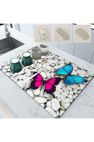 Else Dekor Blue Pink Butterfly Counter Top Dish Drying Mat Non-Slip Drying Cloth Drying Mat