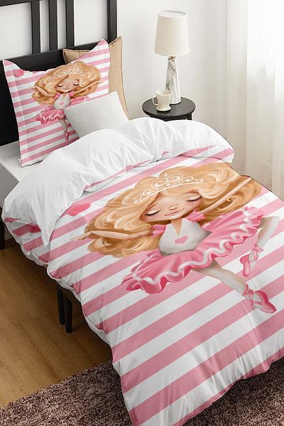 Else Dekor Pink and White Princess Patterned Single Children's Duvet Cover Set Without Sheets