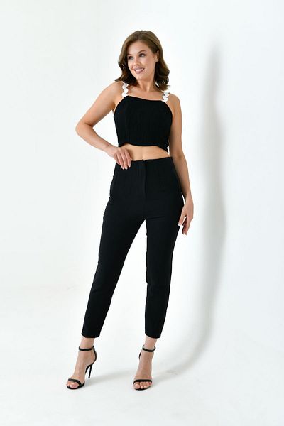 SU SHE Women's Zr Model Collared High Waist Narrow Leg Women's Fabric Pants