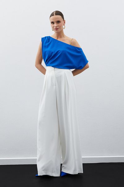 Sateen Off-Shoulder Loose Blouse - Sax Blue