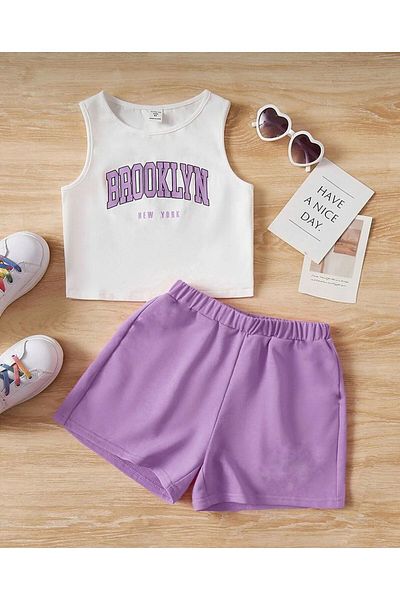 LOUİSA White and Lilac Brooklyn Printed Girl's T-shirt and Shorts Set