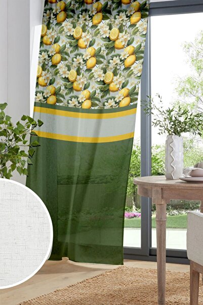 Else Dekor Green Lemon Patterned Printed Decorative Tulle Curtain - Living Room Kitchen 140x260cm