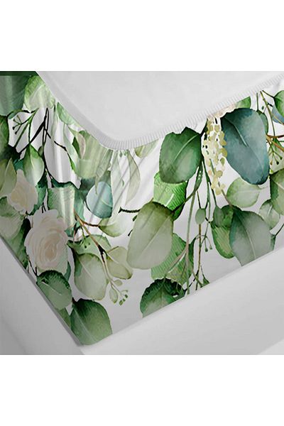 Else Dekor Eucalyptus Green Ivy με εμπριμέ μοτίβο ελαστικό Σετ σεντόνια μονό με επένδυση 90x190