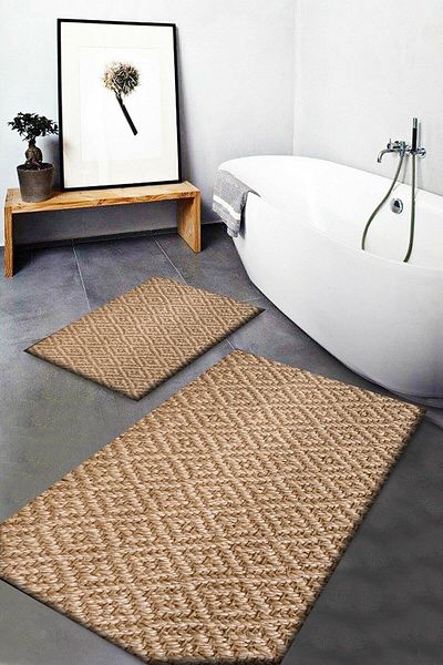 Else Halı Else Wicker Sisal Jute με μοτίβο πλενόμενη αντιολισθητική βάση 2 τεμαχίων χαλάκι μπάνιου Σετ καθίσματος τουαλέτας Jtsbny-8