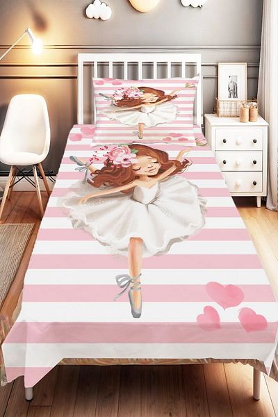 Else Dekor Single Pink and White Ballerina Patterned Children's and Baby's Room Decorative Bedspread