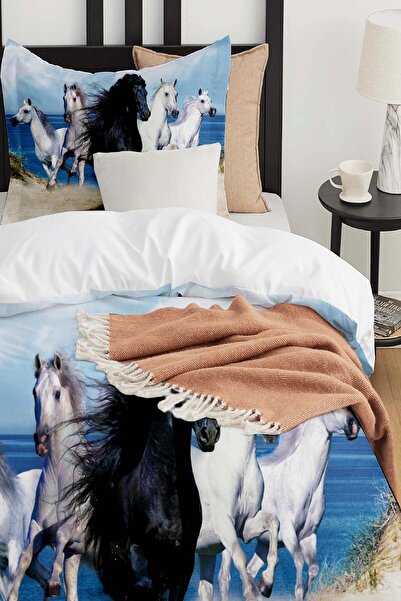 Else Dekor Комплект завивка за деца и единична завивка от памучен сатен с щамповани коне, бягащи по плажа