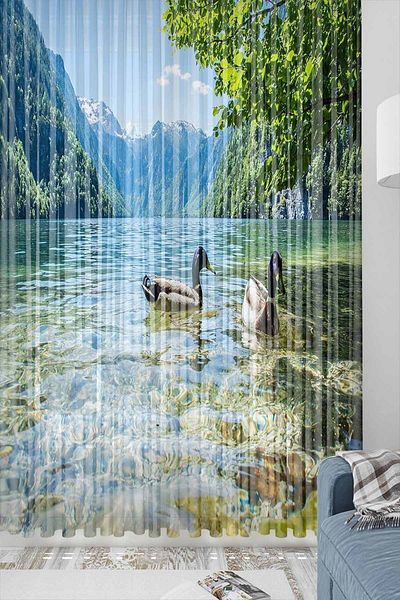Else Dekor Green Duck Lake Landscape Patterned Decorative Modern 3D Tulle Backdrop Curtain