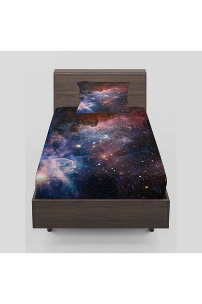 Else Halı Else Blue Space Galaxy Star 3D Patterned Elastic Single Bed Sheet Set 90x190cm