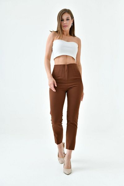 SU SHE Women's Zr Model Collared High Waist Narrow Leg Women's Fabric Pants