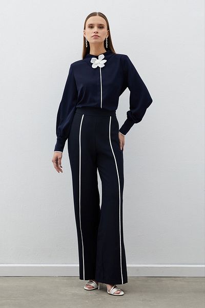 Sateen Navy Blue Contrast Loose Trousers