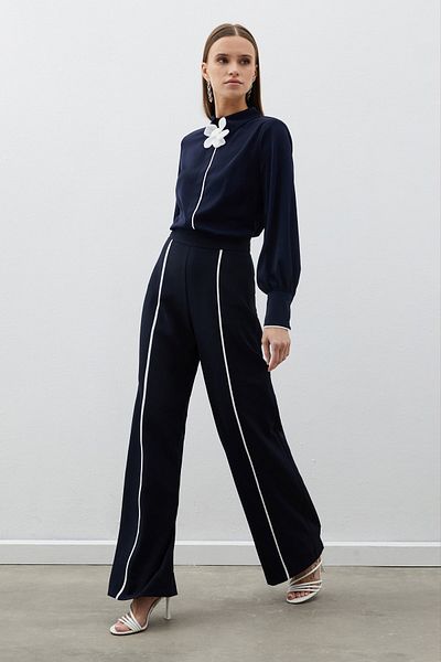 Sateen Navy Blue Contrast Loose Trousers