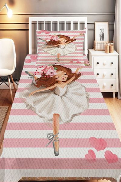 Else Dekor Single Pink and White Ballerina Patterned Children's Pique Set