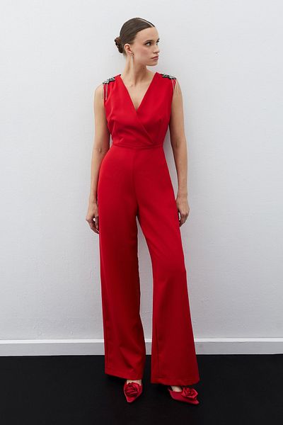 Sateen Elaborate Jumpsuit, Red Color