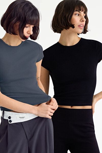 VODENS Μπλουζάκι με λαιμόκοψη εξαιρετικά μαλακό ανθρακί μαύρο κοντομάνικο - 1...