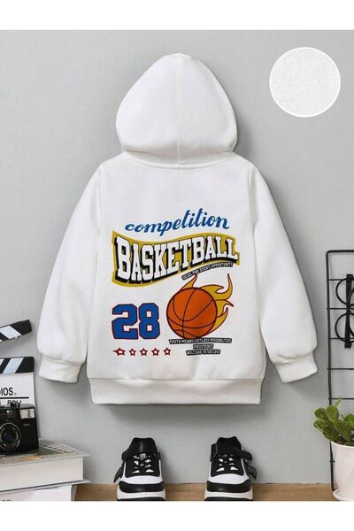 NoVibe سويت شيرت بقلنسوة كبير الحجم مطبوع عليه كرة السلة للأطفال من الجنسين