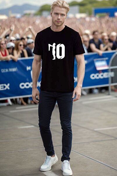 The Baski Tricou negru unisex cu mânecă scurtă cu imprimeu fotbal Messi număr...