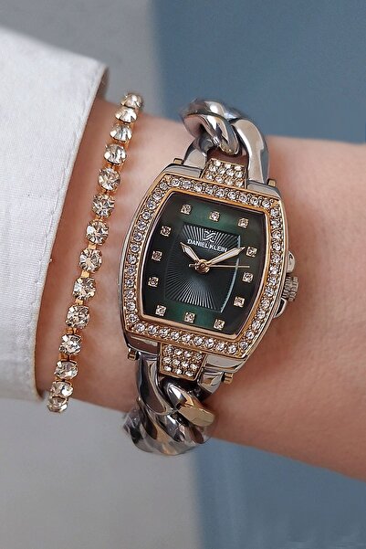 Daniel Klein Altın Sarısı/Metalik, Taşlı, Yeşil Kadranlı, Zincirli Kadın Kol Saati, Taşlı Bileklik Hediyeli