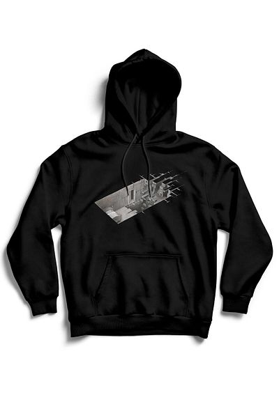 The Baski Hanorac negru unisex cu imprimeu arhitectural cu buzunar cangur