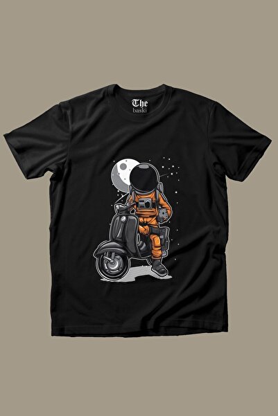 The Baski Tricou negru unisex cu mânecă scurtă cu imprimeu astronaut cu motor