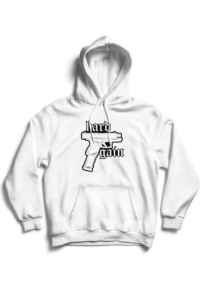 The Baski Φούτερ Unisex White Hard Gain Uzi Gun με στάμπα με κουκούλα από βαμβάκι με 3 κλωστές