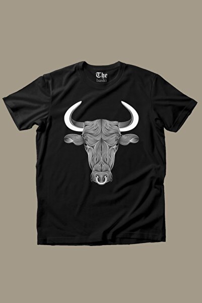 The Baski Tricou negru unisex cu mânecă scurtă cu imprimeu animal taur