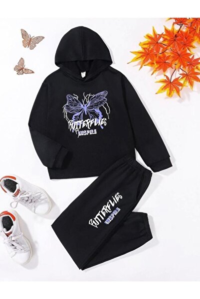 NoVibe طقم بدلة رياضية Inspre Butterfly بغطاء للرأس للفتيات باللون الأسود