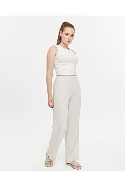 Lin Collection Μπεζ λινό παντελόνι - Ελαστική μέση και τσέπες, Oyktnp001