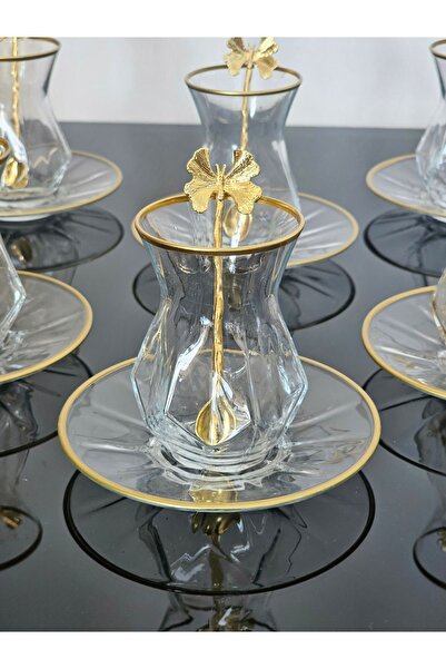 atabey home 6 PERSON 18 PIECES ALYA TEA SET WITH GLASS PLATE BUTTERFLY TEA SPOON