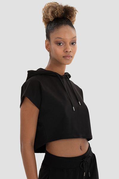 Superstacy Alice Hooded Short Sleeve Black Crop Sweatshirt