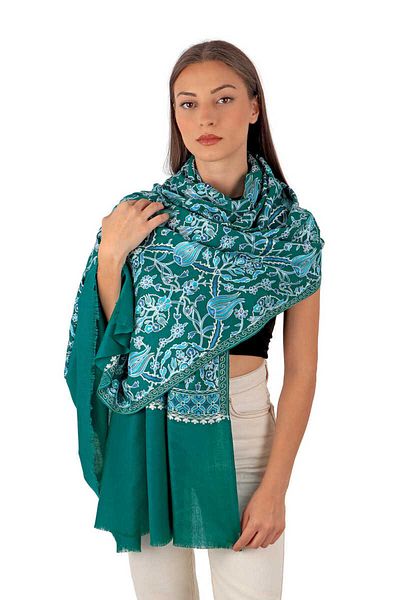 Bursa İpek Green Turquoise Tulip Patterned Silk Wool Shawl