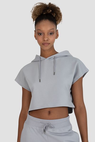 Superstacy Alice Hooded Short Sleeve Gray Crop Sweatshirt