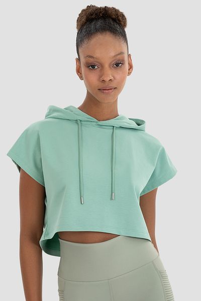 Superstacy Alice Hooded Short Sleeve Light Green Crop Sweatshirt