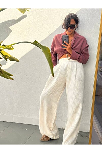 YILMAZ Ekru çizgili %100 pamuklu plazzo pantolon