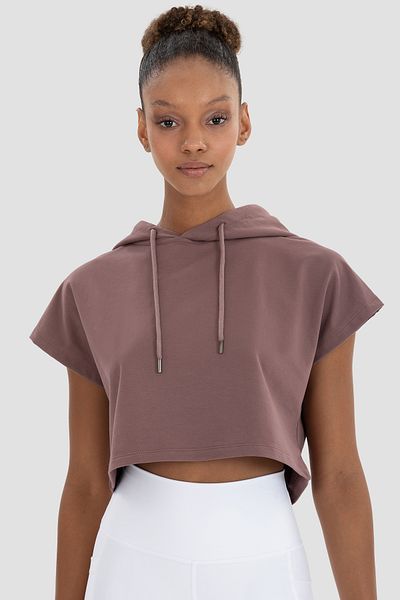 Superstacy Alice Hooded Short Sleeve Dark Rose Crop Sweatshirt