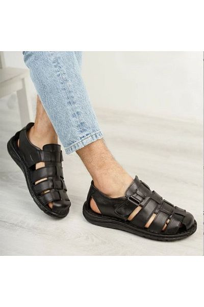 MAGIC SHOES Men's Black Orthopedic Leather Sandals