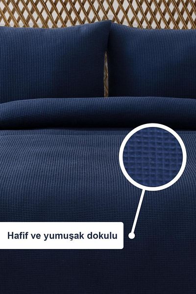 Denizli Concept طقم وافل مزدوج باللون الأزرق الداكن - ناعم وعالي الجودة 200 × 220 سم