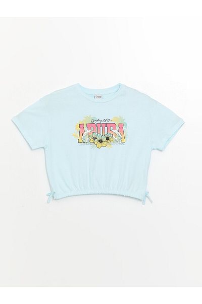 LC Waikiki Tricou crop pentru fete LCW - Gât crew, Imprimat, mânecă scurtă