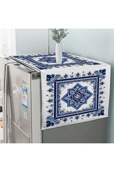 Else Halı 60x140cm Blue and White Floral Pattern Decorative Cover - Freezer and Refrigerator