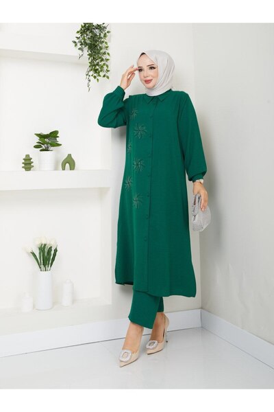 asyadabutik طقم مكون من قطعتين من Aerobin مقاس كبير - تونيك وقميص مزين بالترت...